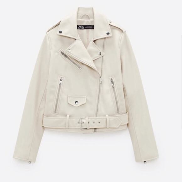 Zara Cream-Faux Leather Moto Biker Jacket NWT Women's Size Large - Picture 2 of 5
